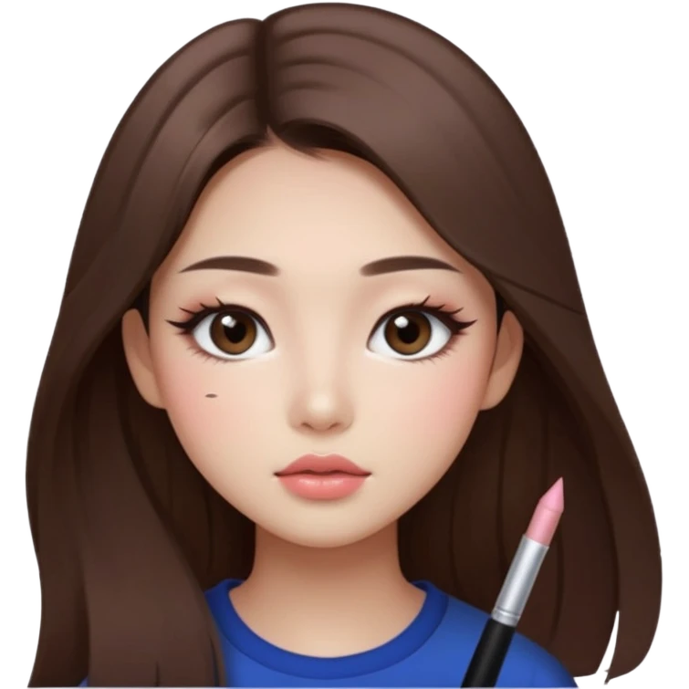 “korean straight long brown hair Emoji girl, soft eyeliner and blush, gradient lips, light brown shimmer eyeshadow emoji