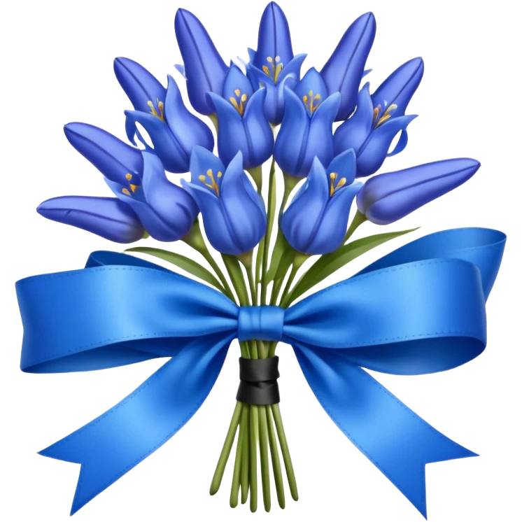 A lush bouquet of bright blue color bluebell black satin ribbon, , with a pale yellow and pink plaid pattern table cloth emoji