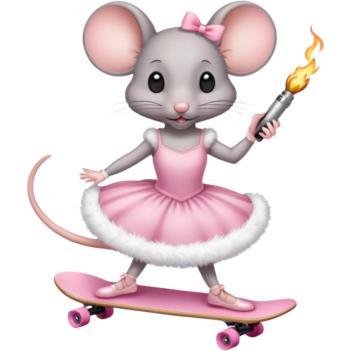 Mouse with a lighter on skateboard in ballerina dress emoji