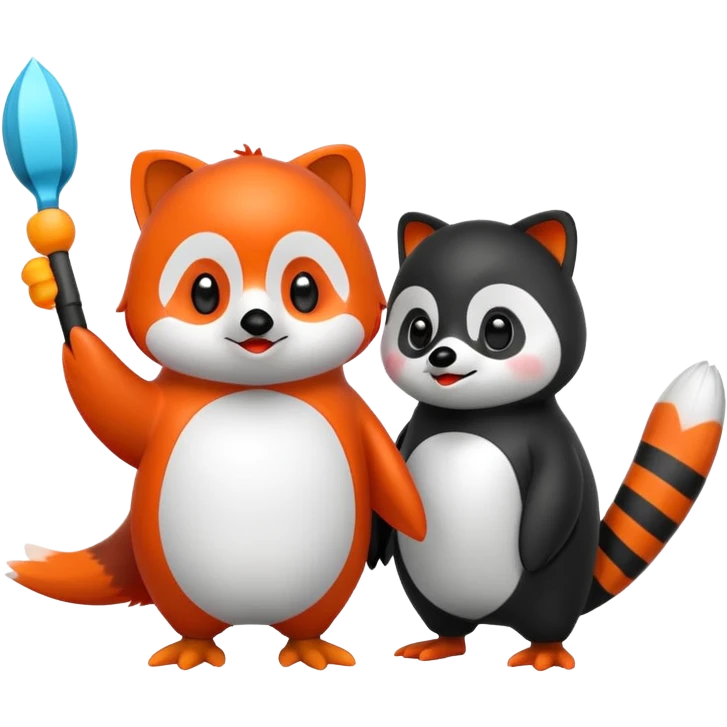 A cartoon  cute cartoon penguin. Next to it is a cartoon red panda holding its flipper  emoji