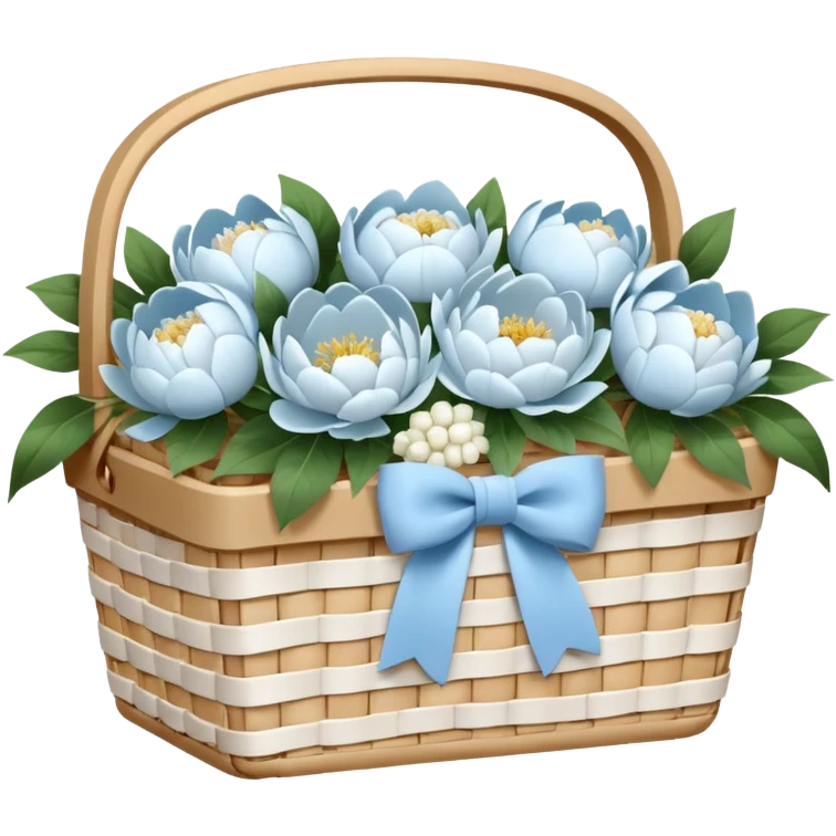 White Picnic basket with light blue bow and white peonies inside emoji