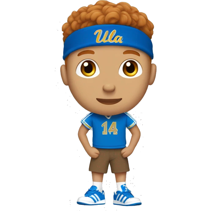 redhead college guy with light skin wearing a ucla shirt, brown shorts, and adidas sambas emoji