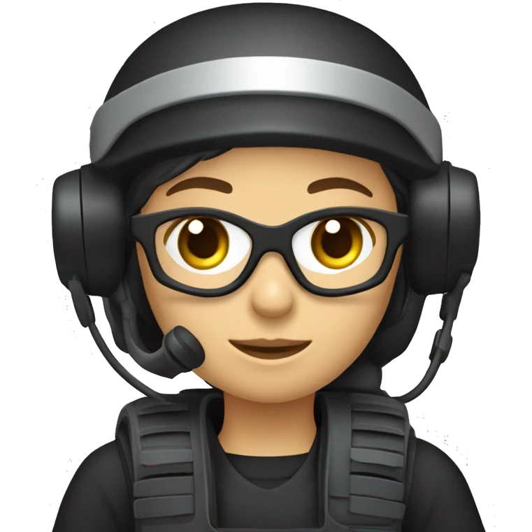 operator dressed in black with a milatary helmet, without glasses, wearing a headset, ready to respond to alerts, preferably female white emoji