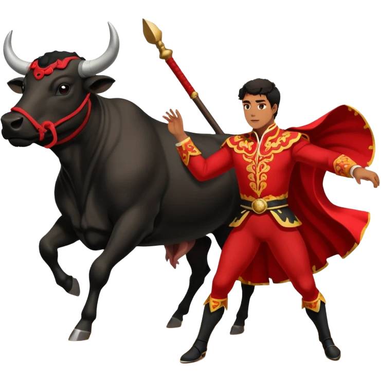 Create a realistic image of a traditional bullfighting scene in a Spanish arena.
Show a bullfighter (matador) HOLDING a red cape (muleta) not wearing one. as a powerful black bull charges toward it. emoji