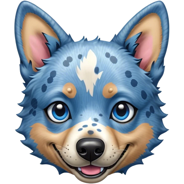 Cinematic Comical Blue Speckle Australian Cattle Dog Portrait Emoji, Head tilted dramatically with an exaggeratedly amused expression, featuring a striking blue speckle Fur with bold patterns, wide, expressive blue eyes filled with playful disbelief, Simplified yet hilariously expressive features, highly detailed, glowing with a slightly sassy glow, high shine, dramatic yet playful, stylized with an air of cheeky charm, bright and endearing, soft glowing outline, capturing the essence of a spirited and over-the-top herder, so meme-worthy it feels like it could side-eye its way into internet fame instantly! emoji