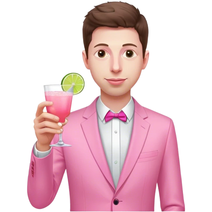 Exactly looking like Sam Altman, dressed in an all-pink suit, with one hand holding a pink tequila drink.  emoji