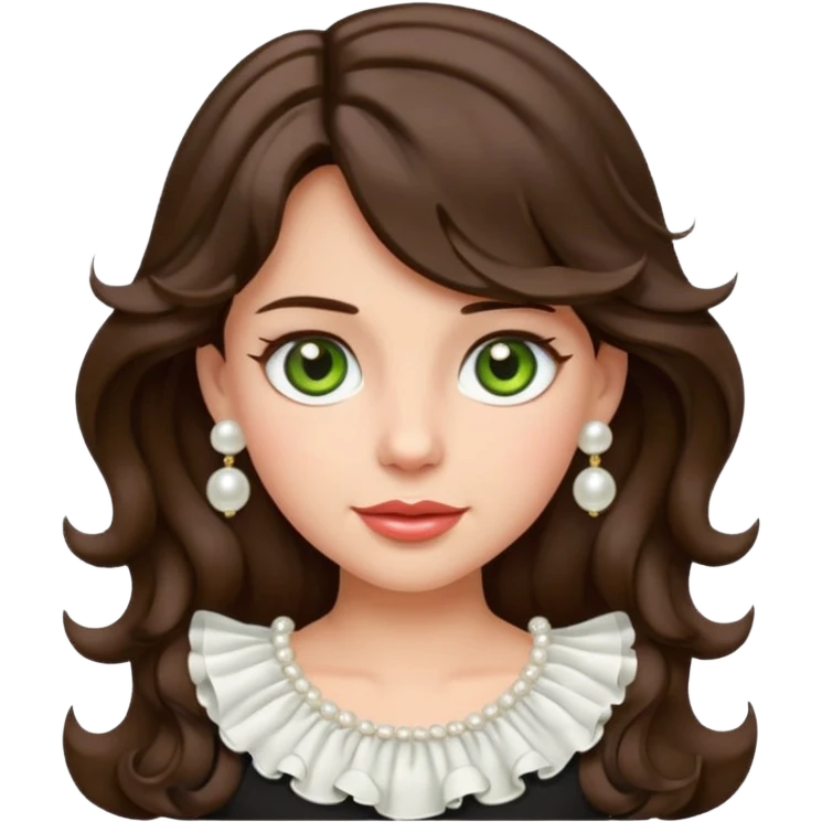 apple style emoji of a coquette girl with midi dark brown slightly wavy hair, bright skin, greenish hazel eyes, small cute lips, wearing a frilly blouse and pearl earrings emoji