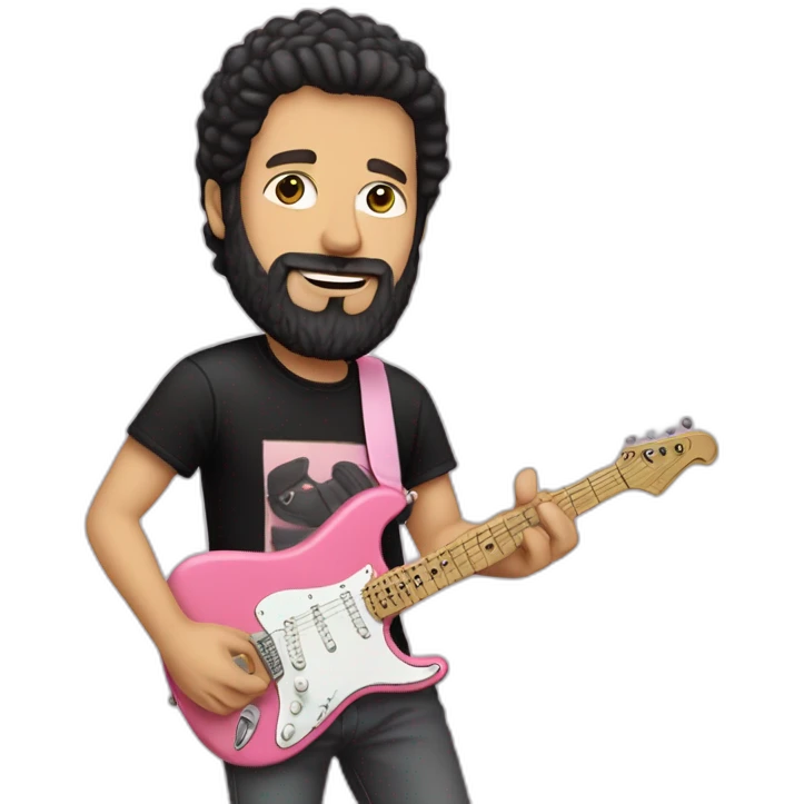 white man with dark beard and black t shirt and pastel pink stratocaster electric guitar emoji