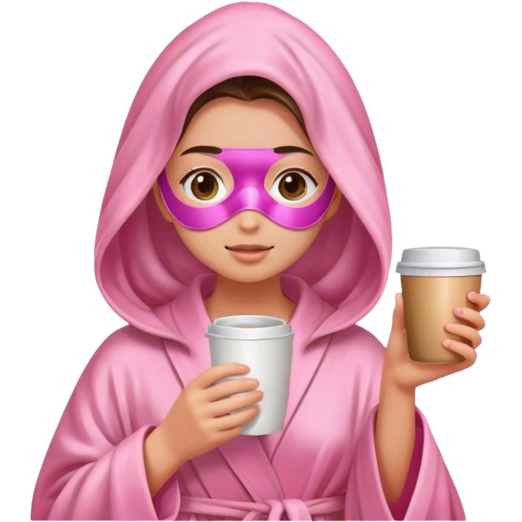 Girl holding coffee with a pink robe on and a face mask on her face with wet hair  emoji