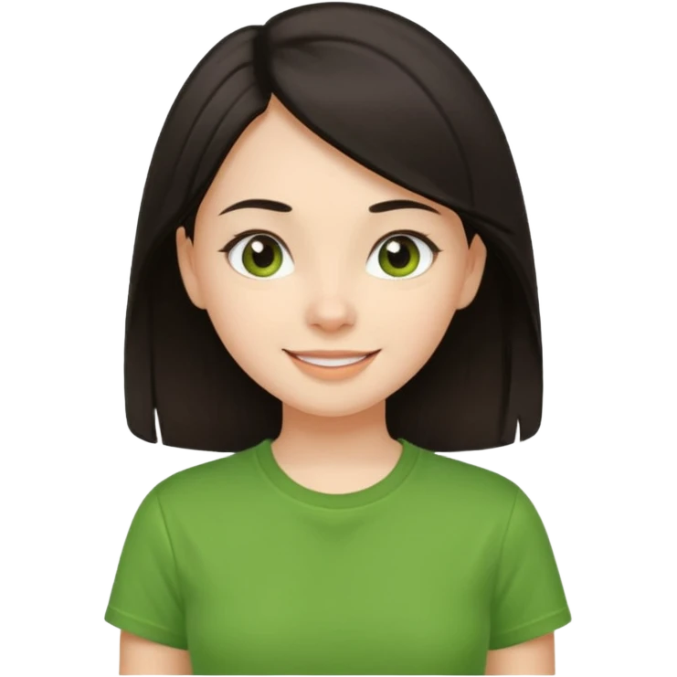 Young girl with straight, dark hair, well-groomed and pretty, wearing a green T-shirt, with a happy and lively expression. emoji