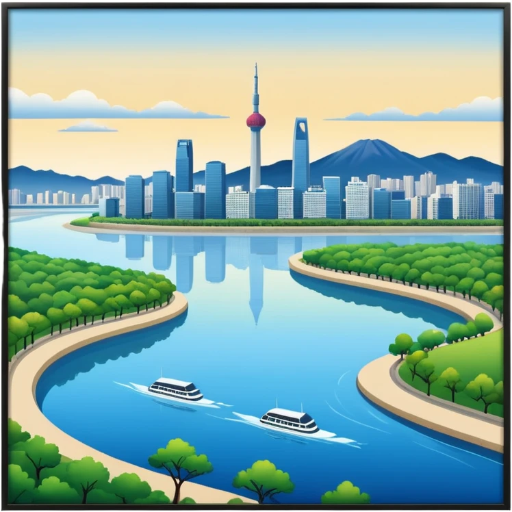 Hangang river, Seoul skyline, and park emoji