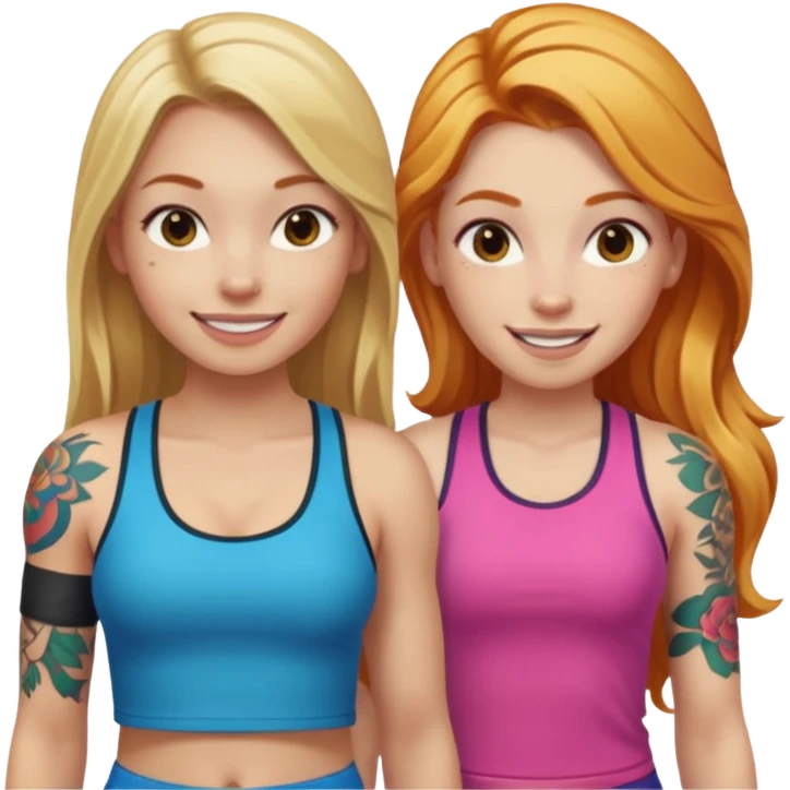 girl with long blonde hair and tattoos next to an athletic ginger girl colorful clothes emoji