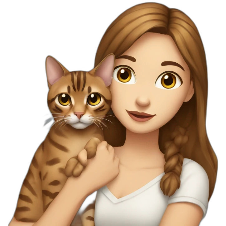 a beautiful girl with blue eyes and brown hair is holding a Bengal cat with yellow eyes in her arms emoji