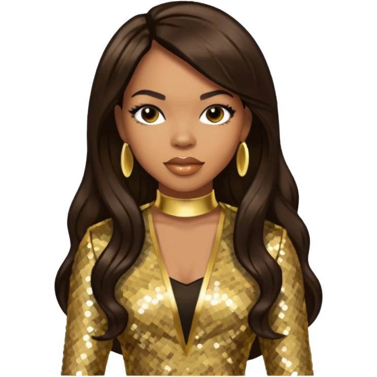 Tenitra Michelle Williams, R&B Singer from Destiny's Child with long dark brown hair, gold sequin outfit, medium dark skin emoji