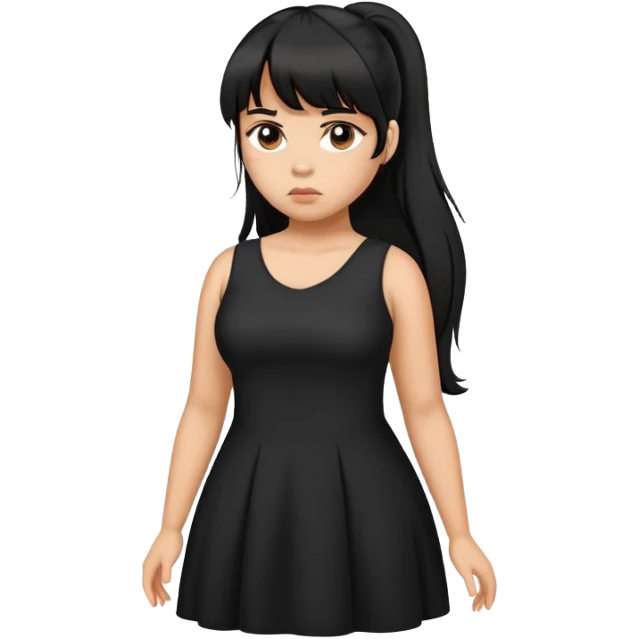 Latina girl with bangs black long hair in pony tail plus size black dress disappointed  emoji