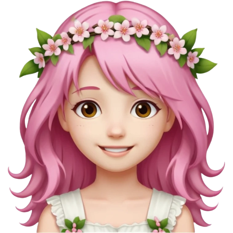 A girl with long, light cherry blossom pink hair, wearing a matching floral wreath and a white dress. emoji
