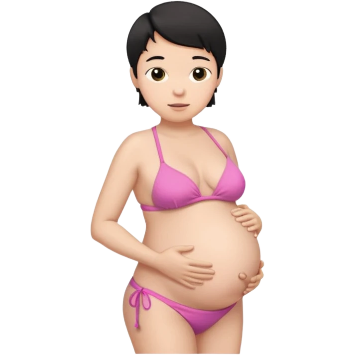 pregnant man with short black hair in a bikini holding his belly  emoji