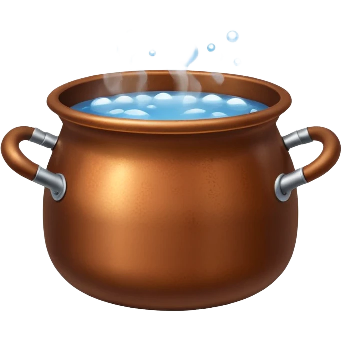 brown small metal pot filled with boiling water on a stove, visible hot steam and rising bubbles, realistic heat effect, shiny pot surface, bright lighting, clean white background emoji