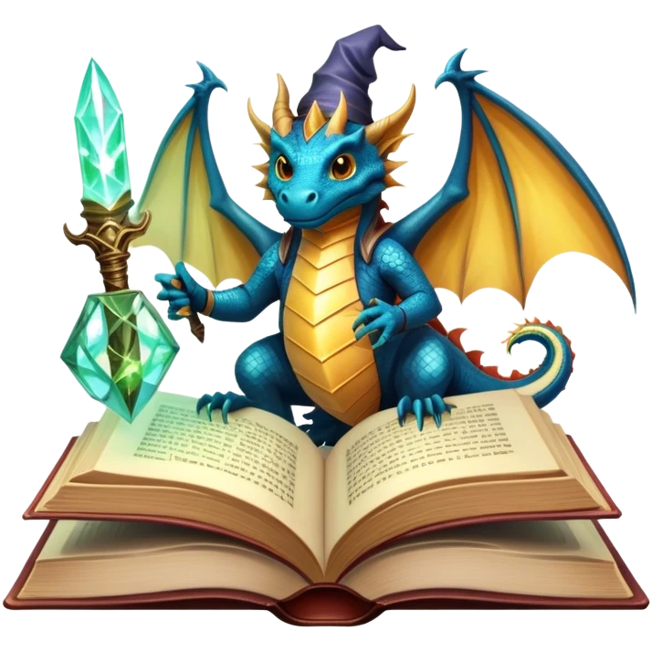 Icon for Fantasy and Sci-Fi Literature: a magical book with glowing pages, surrounded by a dragon, a spaceship, and a wizard with a staff. The icon should capture the adventurous and imaginative world of fantasy and science fiction. Transparent background. emoji
