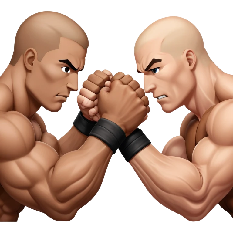 Two hands locked in an intense arm wrestling match, muscles straining as they battle for dominance. The background is minimal, focusing on the power and tension of the gripping hands, showcasing strength and determination. Transparent background. emoji