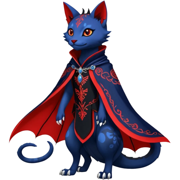 Kawaii feral, four-legged gothic badass black, red, indigo, cute beautiful pretty elegant divine edgy feline-vernid-sergal-Haku-dragon-fursona-animal-creature, full body, with intricate detailed markings, Embroidered capelet, silken shawl emoji