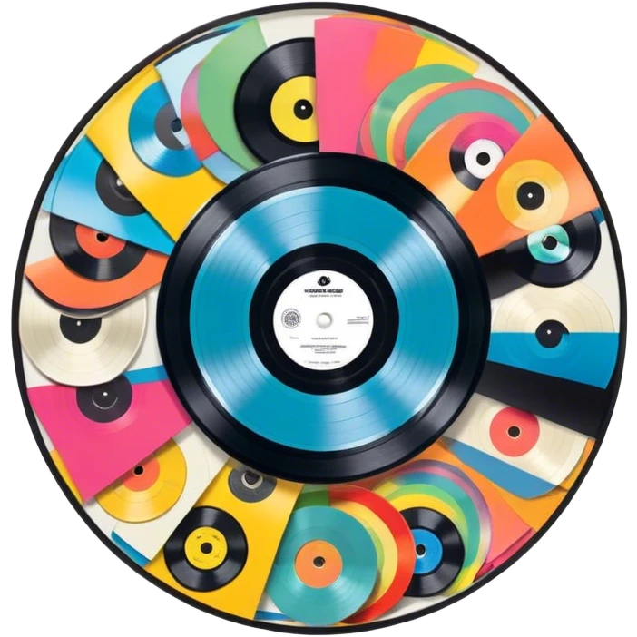 Icon for Vinyl Record Collecting: colorful vinyl records in decorative packaging featuring artist images, neatly arranged on a wall or shelf. The icon should reflect the aesthetic and artistic aspect of collecting vinyl records. Transparent background. emoji