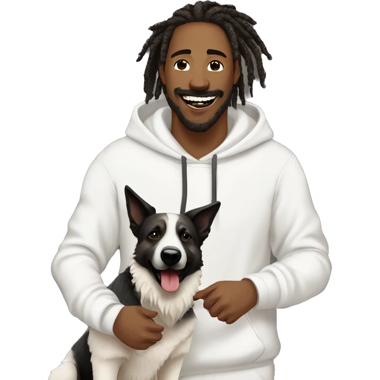 man with dreadlocks, mustache and goatee expressing joy dressed in a white hoodie alongside a dark brindle colored german shepherd dog emoji