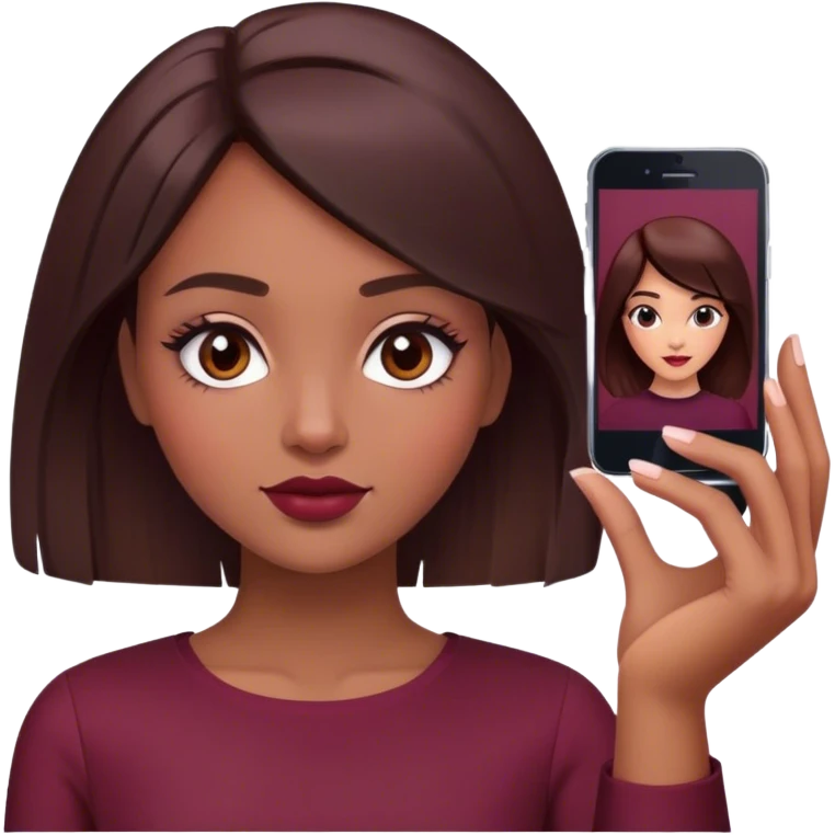A brunette girl with a square hairstyle , selfie burgundy emoji