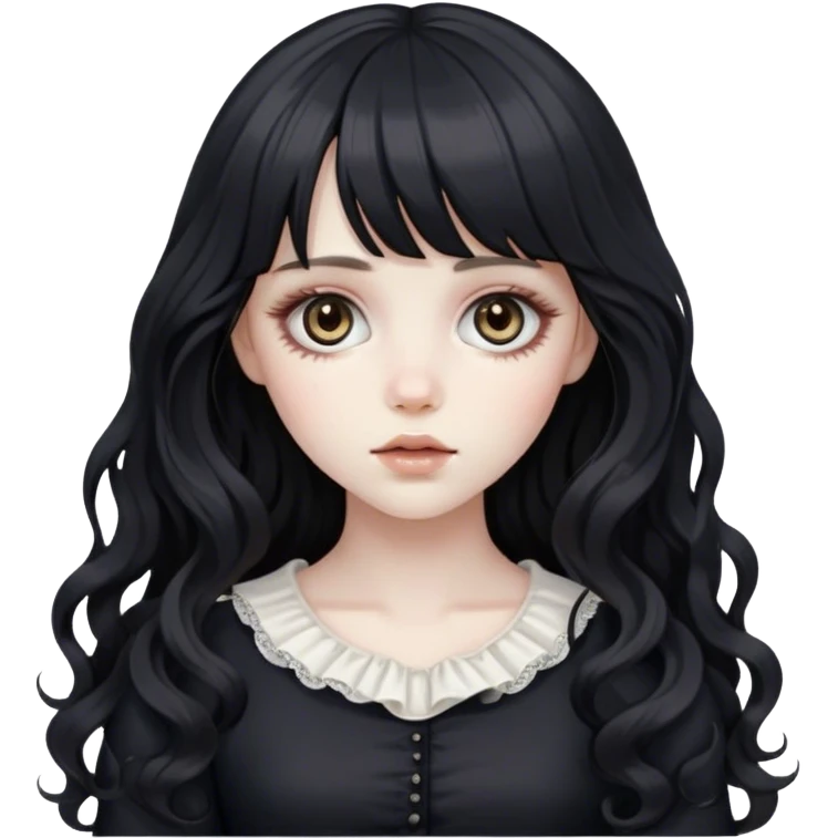 a pale white dead feminine girl with long black wavy hair and bangs with big light brown eyes looking like a porcelain doll in black clothes emoji