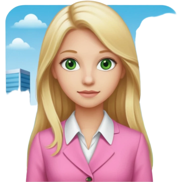 long blonde hair, real estate broker, 20 years old, green eyes, cute pink corporate dress emoji