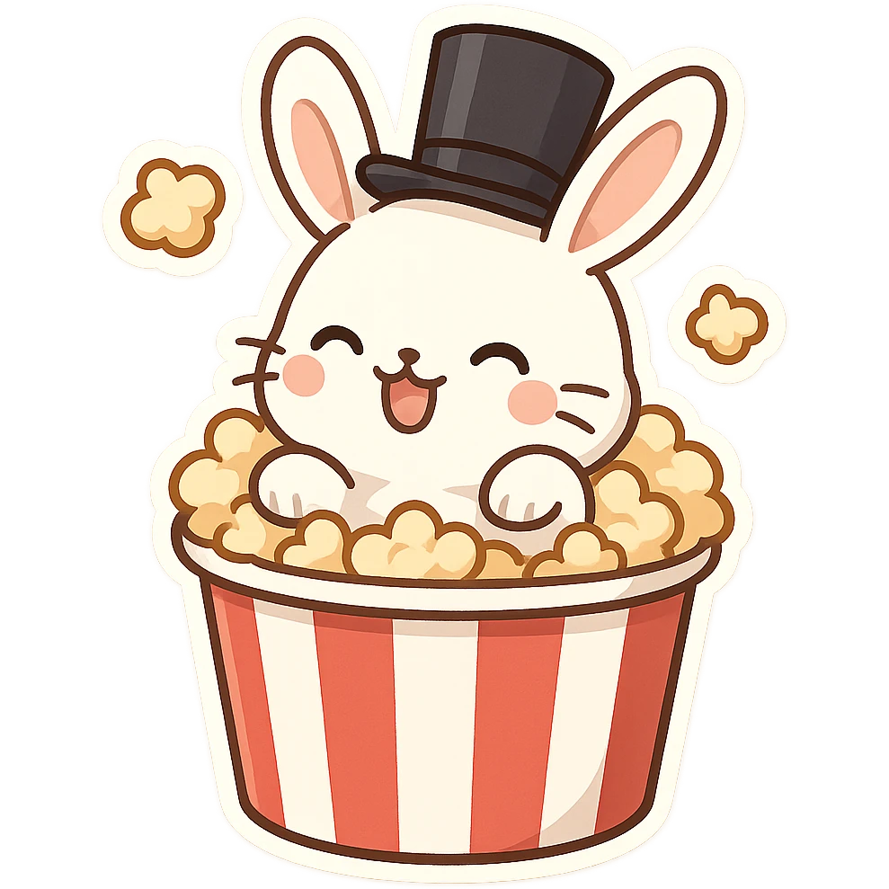 playful popcorn bucket with a white bunny popping out, the bunny has a black top hat emoji