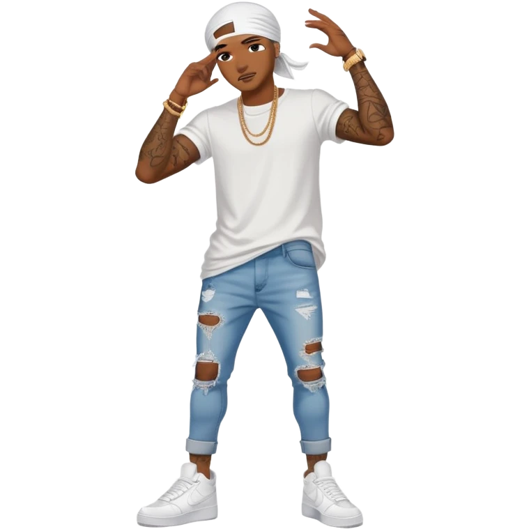 Black man with durag on and ripped skinny jeans and tattoos and white tee shirt and white Air Force ones on emoji