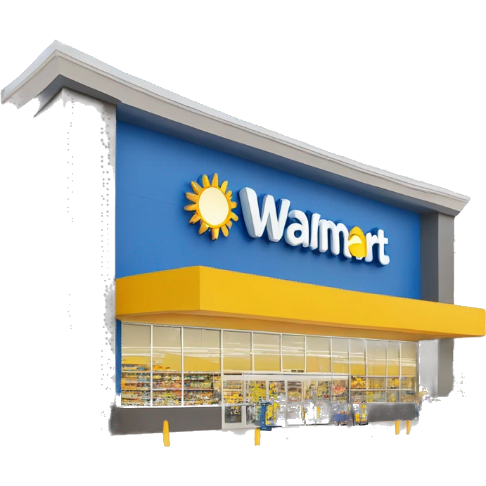 “Exterior of a Walmart store with the sunburst logo above the entrance, blue facade with yellow accents, large sliding glass doors, and shopping carts lined up outside, capturing the look of a busy retail supercenter.” emoji