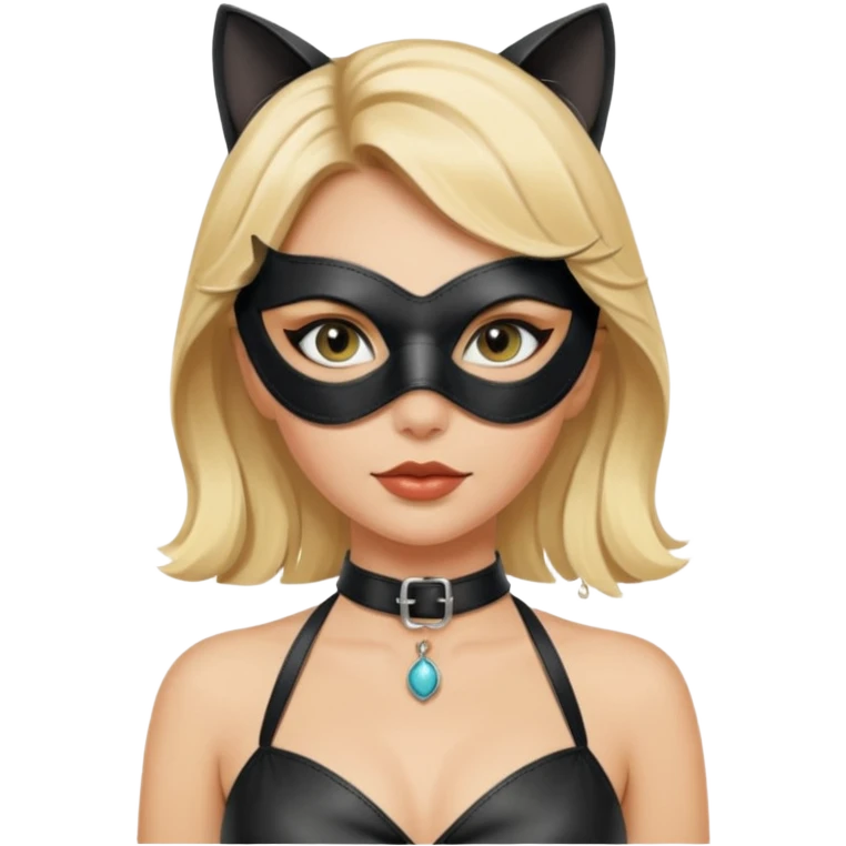 blonde woman with leather cat eye mask and leather halter neck blouse emoji