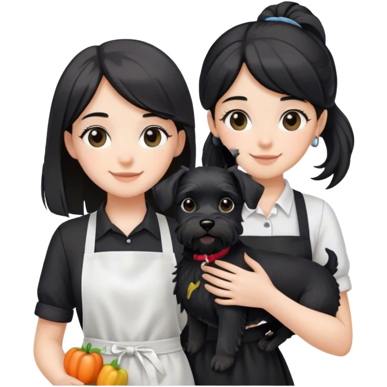 pale smiling girl with long back hair wearing black long shirt wearing apron holding black  schnauzer emoji