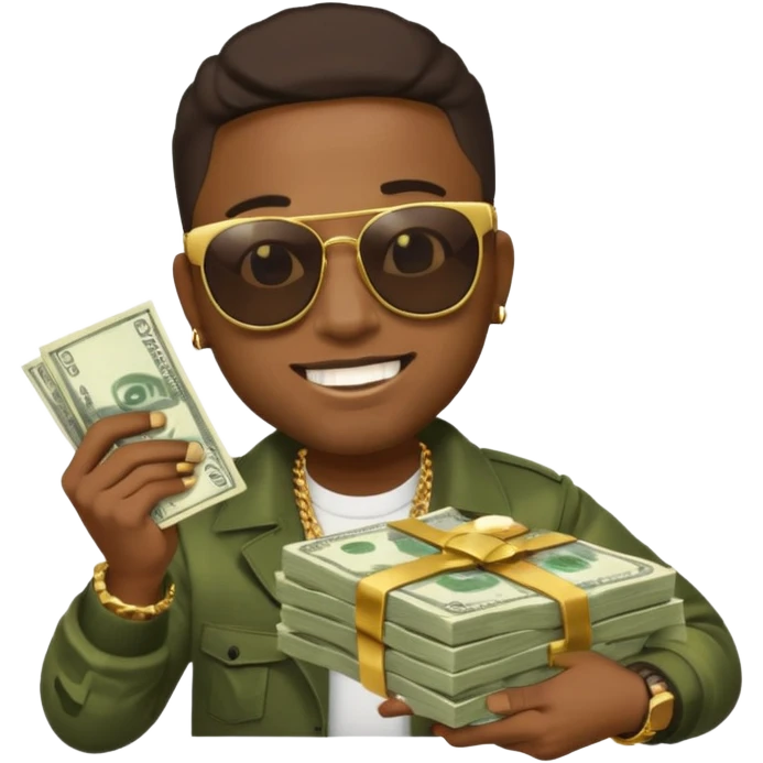 rapper emoji with gold grillz, oversized sunglasses, holding a stack of cash emoji