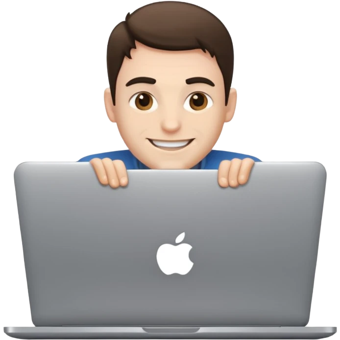 man with a laptop, grinning but with a serious expression emoji