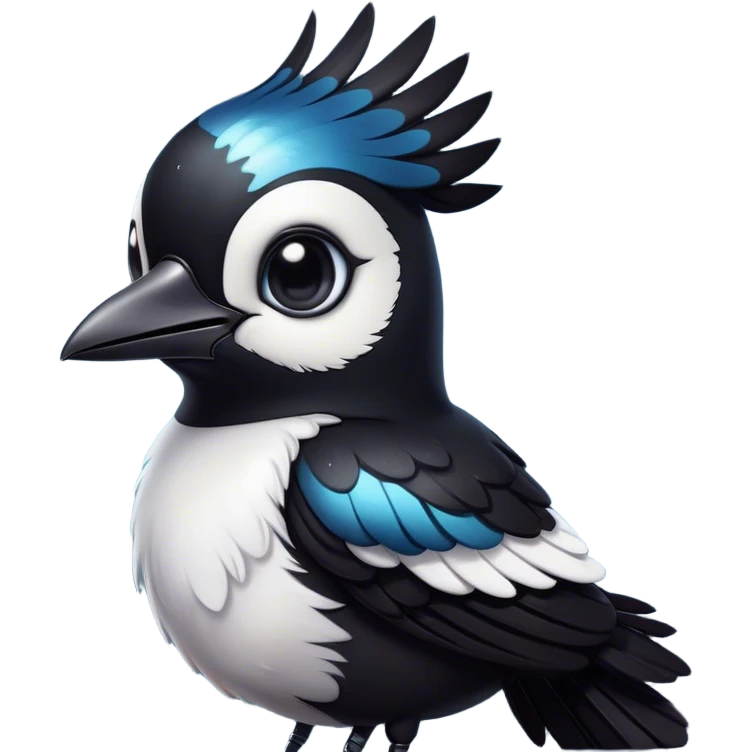 Cinematic Cute Magpie Portrait Emoji, Head tilted playfully and inquisitively, featuring a compact, elegant form with glossy, contrasting black and white feathers and round, sparkling eyes full of playful charm, Simplified yet irresistibly adorable features, highly detailed, glowing with a warm, inviting glow, high shine, affectionate and lively, stylized with a touch of whimsical urban flair, soft glowing outline, capturing the essence of a mischievous yet endearing magpie that seems as if it could flit out of the screen into your arms! emoji