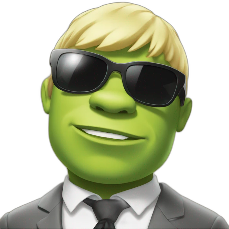 super hot shrek kissing with white-guy-wearing-suit-with-short blonde-hair-and-black-sunglasses emoji