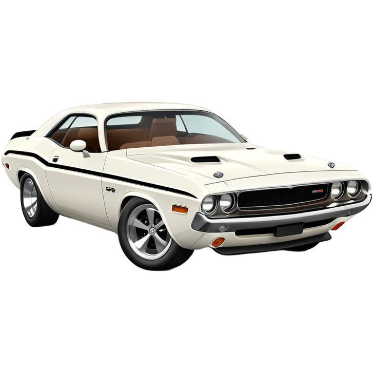 White 1971 Dodge Challenger with sharp details, precise three-quarter view at 30 degrees, accurate muscle car proportions, visible front bumper and fender, pure white finish, iOS emoji style emoji