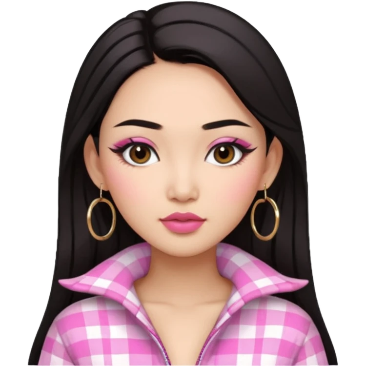 Asian Woman with dark hair, bold brows, winged eyeliner, full nude lips, hoop earrings, pink plaid outfit.  emoji