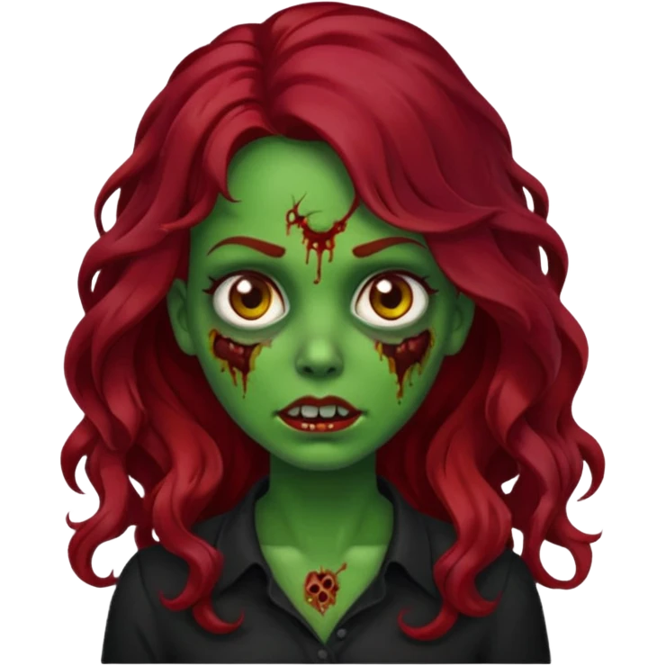 Faça me um emoji de um zumbi mulher de cabelos vermelho escuro longos ondulado usando uma blusa preta, faça no estilo iphone, o tom de pele dela tem que ser verde  emoji