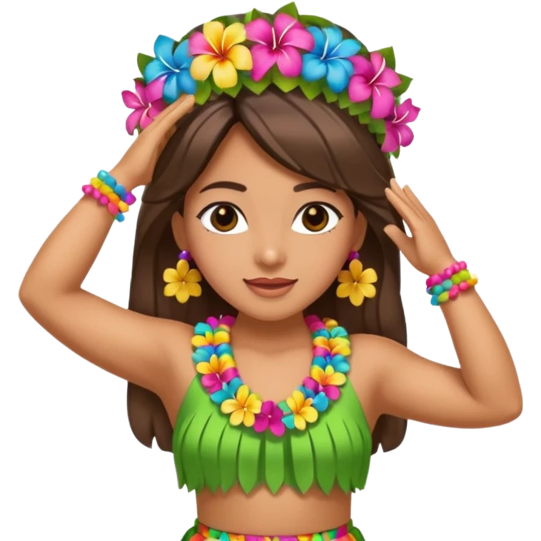 Hawaiian hula dancer with both hands above head, wearing a colorful lei and skirt, classic emoji style emoji