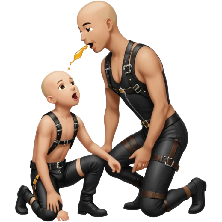 a bald man on his knees and a black leather harness, his tongue out, looking up next to a standing man in leather pissing into the kneeling man’s mouth emoji