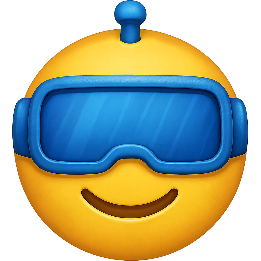 yellow face with blue robot visor, digital illustration, emoji style, no background emoji