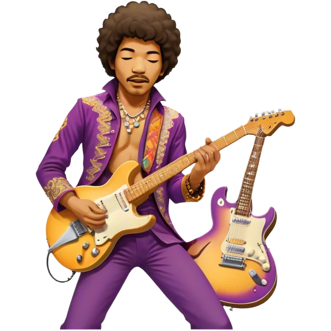 Icon for Rock Music: Jimi Hendrix playing his iconic guitar on stage, surrounded by his band. The design should capture the electrifying energy of his performance with vibrant lighting, swirling colors, and musical intensity. Transparent background. emoji