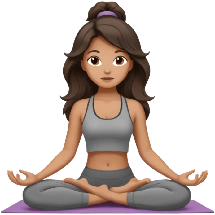 a brunette girl doing yoga, she is wearing a grey fit and she has dark wavy and loose hair.  emoji