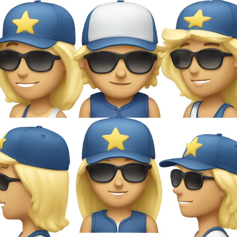A Caucasian blonde male wearing a baseball cap wearing star sunglasses emoji