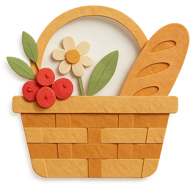 a picnic basket with berries, bread, and flowers, warm pastel shades, paper craft style emoji