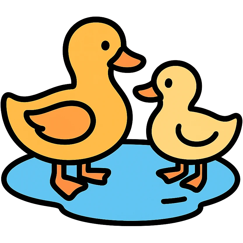 two ducks sharing a puddle, friendly, simple illustration emoji